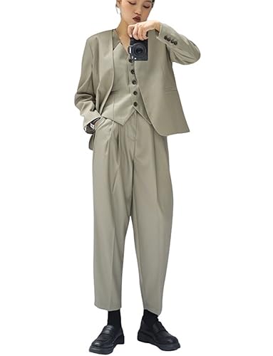 Women's 3 Pieces Set Suit Collarless Jacket V-Neck Vest Pants Business Work Office Lady