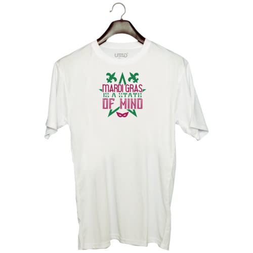 UDNAGUnisex Round Neck Graphic 'Mardi Gras | Mardi Gras is a State of Mind' Polyester T-Shirt White [Size XXS/34in to 7XL/56in]
