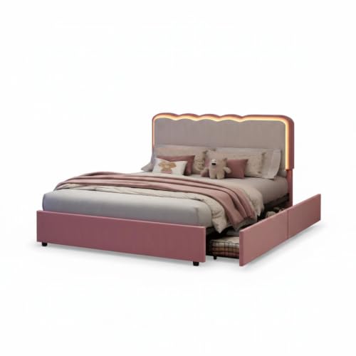 Image of Garvee Irregular Wave LED 2-Drawer Soft Upholstered Bed, Soft Padding