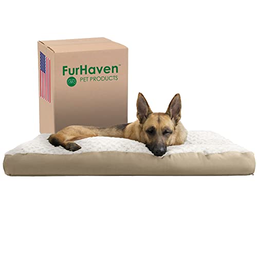 Image of Furhaven Pillow Dog Bed for Large Dogs w / Removable Washable Cover - Ultra Plush Faux Fur & Suede Mattress - Cream, Jumbo /XL