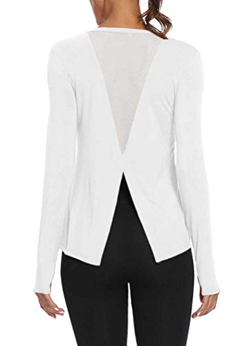 Mippo Long Sleeve Wokout Tops for Women Loose Fit Yoga Exercise Tops Open Back Workout Thumb Hole Shirts Running Fitness Clothes Long Tank Tops Scoop Neck Sports Activewear 2020 White S