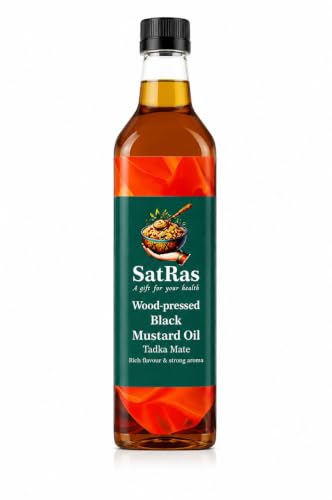 Image of SatRas Wood Pressed Black Mustard Oil, 1L Plastic Bottle | Kachi Ghani Sarso Oil | Cold Pressed & Unrefined | Rich in Omega 3, 6 & Vitamin E | Pure Edible Cooking Oil