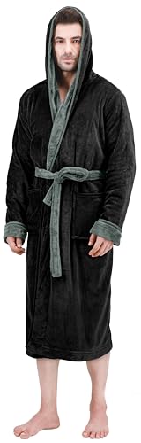 NY Threads Mens Hooded Fleece Bathrobe Plush Long Spa Robe Pack of 1, 2X-Large/3X-Large, Black and Steel Grey