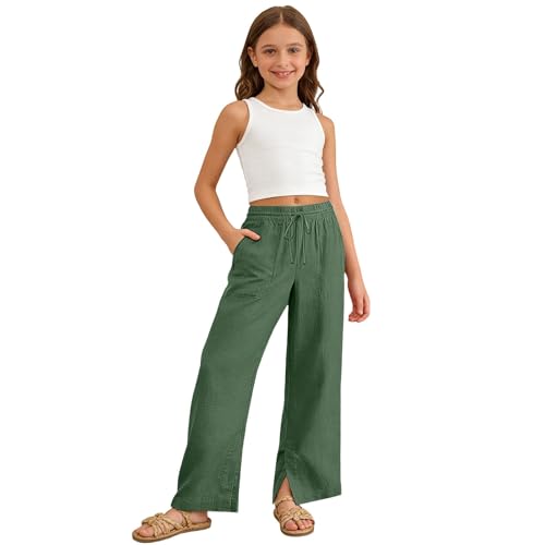 Image of Girls Linen Pants Wide Leg School Uniform Pants Cozy Elastic Waist Summer Casual Beach Lounge Trousers with Pockets