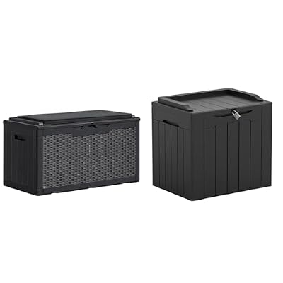 Greesum 100 & 31 Gallon Black Resin Deck Boxes for Patio Furniture, Garden Tools Storage