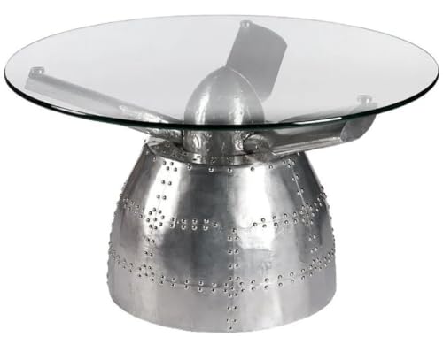 Casa Padrino Table Basse de Luxe hélice Avion Argent Ø 90 x H. 51 cm - Table de Salon Ronde en Aluminium avec Plateau en Verre - Meuble aviateur d'avion en...