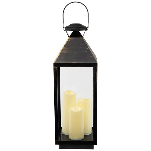 Image of Lantern with Flameless LED Candles - 24 inch - Gold and Brushed Black