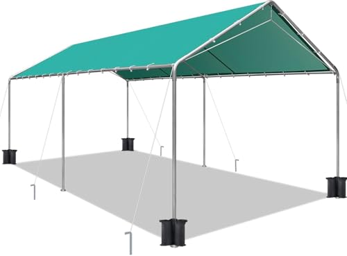 Image of Heavy Duty 10 X 20 Ft Easy to Assemble Metal Car Canopy Shelter with Reinforced Steel Cables, Outdoor Portable Garage for Car, Boat Tent, Green