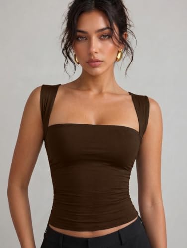 Image of TIVANTE Women's Square Neck Top for Woman || Fitted Tops for Woman || Sleeveless Tops for Women Stylish || Crop top for Women Stylish Western
