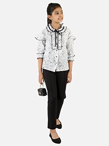 Image of Natilene Black & White Star Print Ruffled Top with Tie-Up for Girls