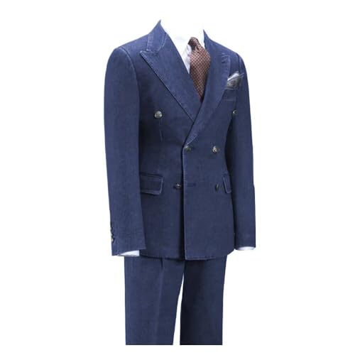 LEWIJO Men's Wedding Suits Dark Blue Denim Double Breasted Blazer Trousers 2 Pcs Slim Fit Suit for Prom Leisure Peak Lapel Prom Tuxedos Size 44