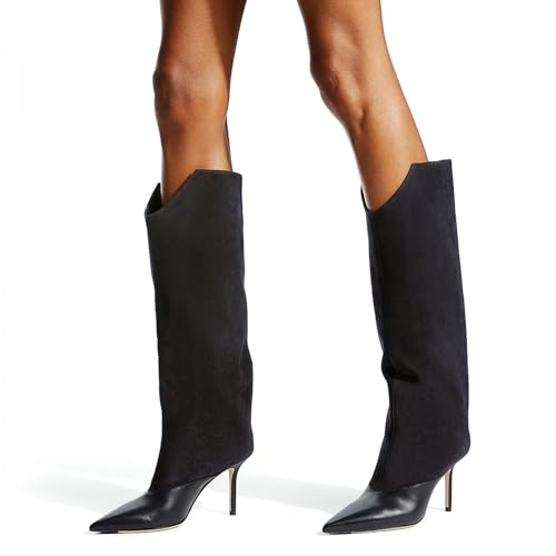 Women Suede Knee High Boots Sexy Pointed Toe Wide Calf Boots Fashion Dress Boots Classic Stiletto Heel Straight Boots Pull-on Casual Boots Winter Tall Booties4