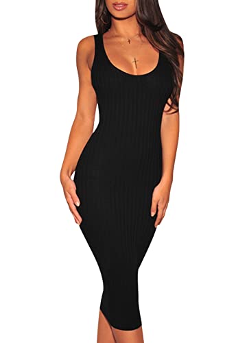 Image of YouSexy Women's Sexy Bodycon Ribbed Tank Dress Sleeveless Casual Party Club Midi Dresses