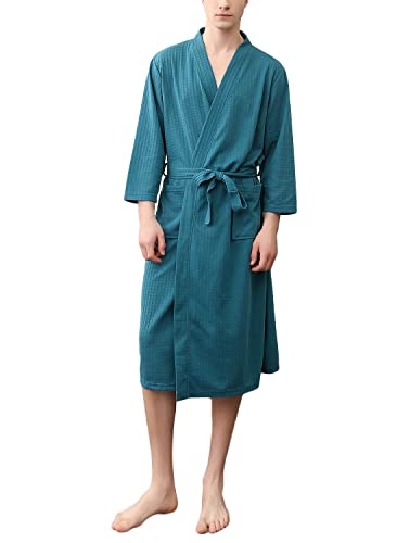 Rojeam Mens Kimono Waffle Robe Unisex Lightweight Soft Knee Length Spa Bathrobe Sleepwear with Pockets