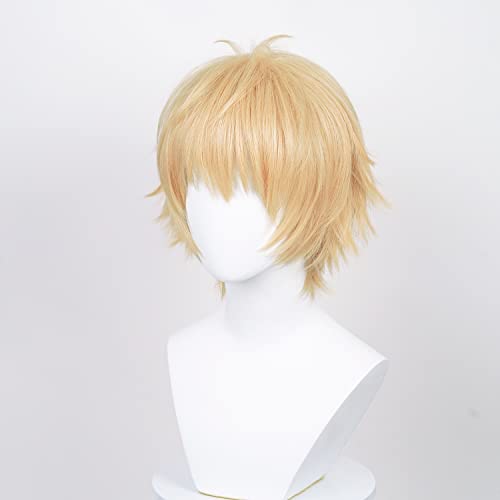Image of LABEAUTE Short Golden Wig for Men Cosplay Unisex Male Anime Yellow Wig with Bangs for Halloween Party Hair Wig + Cap