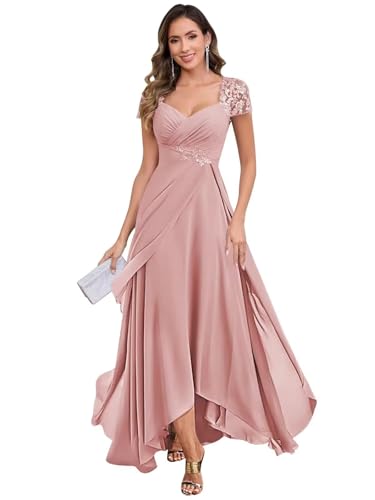Tea Length Mother of The Bride Dresses for Wedding Lace Appliques Chiffon Formal Evening Dresses with Sleeves