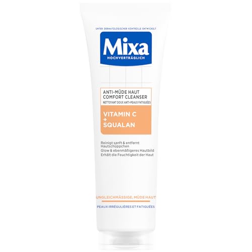 Mixa Anti-Müde Haut Comfort Cleanser, Beruhigend, Ebenmäßigere Haut, Für ungleichmäßige, fahle und sensible Haut mit Vitamin C und Squalan, Geeignet für Gesicht & Hals, Hypoallergen, 150 ml Mixa Anti-Müde Haut Comfort Cleanser, Beruhigend, Ebenmäßigere Haut, Für ungleichmäßige, fahle und sensible Haut mit Vitamin C und Squalan, Geeignet für Gesicht & Hals, Hypoallergen, 150 ml