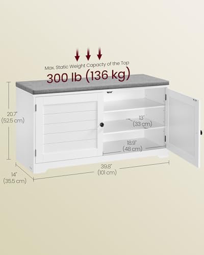 Image of VASAGLE Shoe Storage Bench with Cushion, 3-Tier Entryway Bench with Padded Seat, Doors, Adjustable Shelves, 14 x 39.8 x 20.7 Inches, for Hallway, Bedroom, Cloud White and Dove Gray ULSB044W01