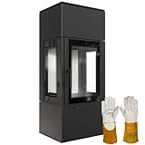 KRATKI Thor View Kaminofen 8 kW – freistehend mit Panoramascheibe – Wirkungsgrad 83%, BImSchV 2 – Holzofen mit TERMOTEC-Auskleidung, Ø150 mm Rauchrohr, EEK A Hitzebeständige Handschuhe inklusive