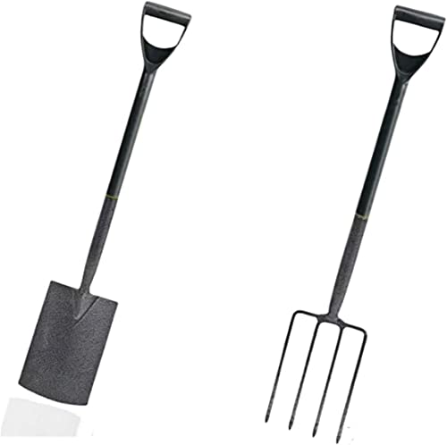 PaMeer 2-Pcs Spade And Fork Set For Gardening, Carbon Steel Gardening Spade & Border Fork, Ergonomic Design Digging Spade and 4 Tines Garden Fork Heavy Duty_ Grey_ 102x 18Cm