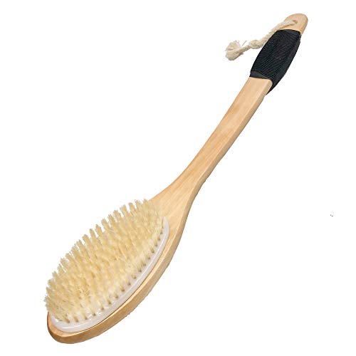 OWIIZI Bath Brush Wooden Curved Long Handle Antiskid Shower Brush for Exfoliating, Natural Bristle Scrubber for Back Use Wet or Dry