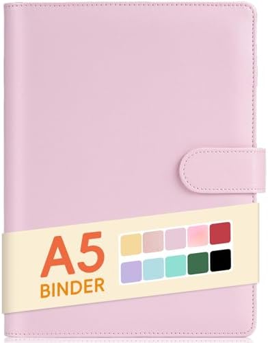 Sooez A5 Notebook Photocard Binder, 6 Ring Planner, Stylish Loose Leaf Personal Organizer Cover with Magnetic Buckle, PU Leather Binder Women with Macaron Colors (Pink)