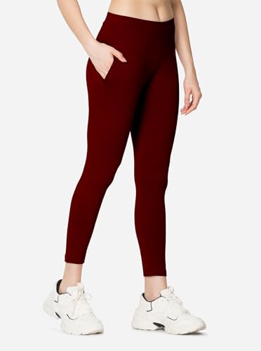 Image of VSTAR PL02 Women Ankle Length Stretchable Slim Fit Leggings with Secured Side Pocket | Moisture-Wicking | Soft Waistband & Cotton-Elastane Fabric | L | Wine red