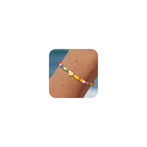 Colorful Initial Bracelets for Women Teen Trendy Beaded Heart Initial Letter A-Z Charm Boho Bracelet Dainty Personalized Cute Jewelry Gifts