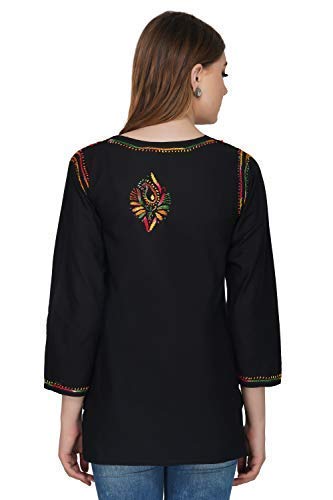 Image of Vahson Women Cotton Regular Fit Designer Lucknow Chikankari Hand Embroidered /Embroidery Short Kurti Tunic Top, Black,Small