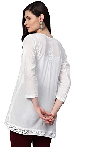 Ada Indian Hand Embroidered Chikankari Cotton Top Tunic Blouse Shirt For Women A208706 (White, Medium) #TOP1