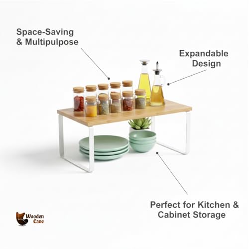 Image of Expandable Kitchen Organizer, Bamboo Finish Spice Rack with Metal Frame, Space-Saving Countertop Cabinet Shelf, Multipurpose Storage Solution (Single Rack)