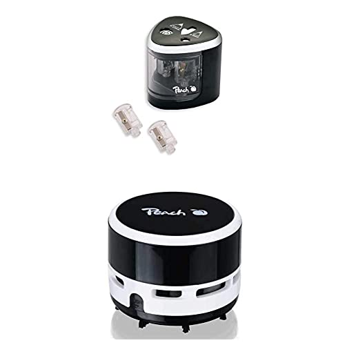 Peach PO102 elektrischer universal Anspitzer | inkl. Ersatzteile Doppelspitzer für Stifte von 6-8 mm und 9-12 mm + PA105 Mini Staubsauger | 1 Stück | batteriebetrieben (2x AA) schwarz