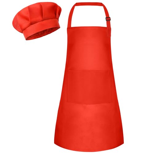 Bouiexye Juego de delantal y gorro de chef para niños, delantal ajustable con 2 bolsillos, pintura para cocinar, hornear, rosso, 18 x 24 inches