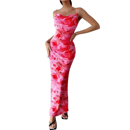 Image of Women's Spaghetti Strap Maxi Dress Floral Print Bodycon Long Dress Summer Beach Vacation Wedding Guest Outfits