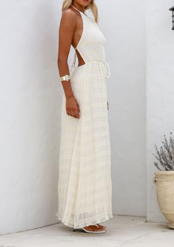 Image of Argeousgor Women Halter Neck Backless Summer Dresses 2025 Sleeveless Tiered Ruffle A-Line Flowy Cocktail Party Maxi Dress