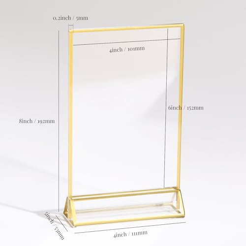 uniqooo acrylic sign holders with golden border portrait view pack of 12  4x6 inches double sided clear frame perfect for wedding reception centerpiece decoration partyanniversary event