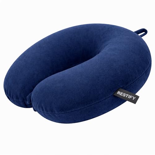 Image of Restify Premium Memory Foam Travel Neck Pillow | Soft Velvet U Shape Neck Support Cushion for Flight, Airplane, Car & Office Travel | Portable Pillow for Men & Women | Navy Blue
