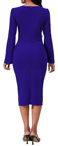 Image of Dresses for Women Elegant Long Sleeves Ruffles Pencil Knee Length Split Business Dress with Belt Zipper