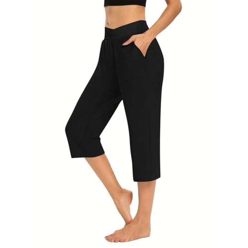 GOFULY Capri Pants for Women Stretch Wide Leg High Waisted Summer Pants Elastic Waist Cute Straight Leg Shorts with Pockets2