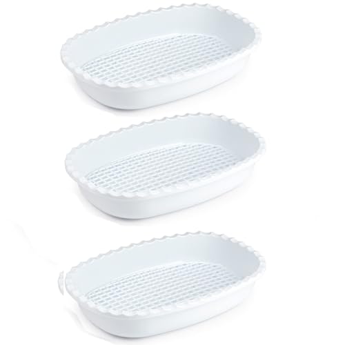 Pack de 3 bandejas de plástico Redondeadas para descongelar,de Color Blanco y Rejilla y 32 x 21,5 x 6 cm. Recipiente para descongelación de Alimentos con Rejilla.Fuente Blanca para labores Cocina