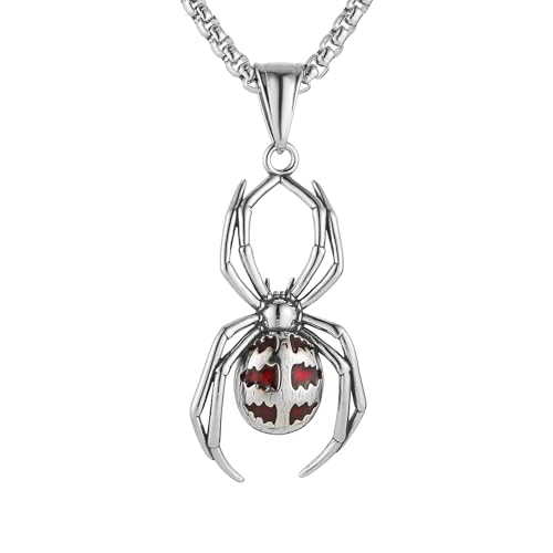 HZMAN Gothic Stainless Steel Spider Necklace for Men with Red Cubic Zirconia Halloween Accessories
