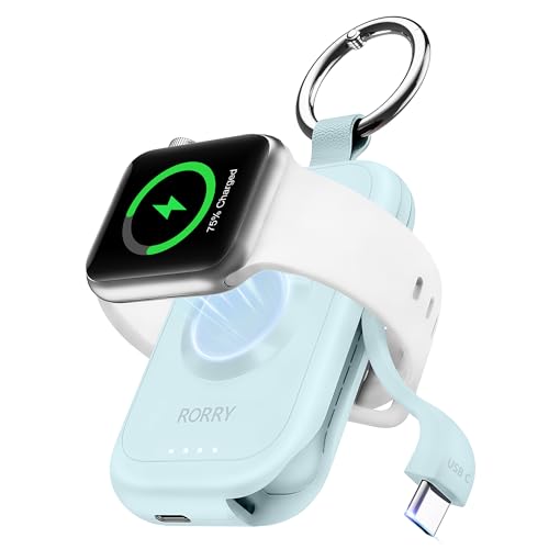 RORRY Portable Charger for Apple Watch, 2500mAh Fast Charging for iWatch Charger, Travel Essentials Gifts with Built-in USB C Cable for Apple Watch Series 11 10 9 8 7 Ultra 3 2 SE Accessories, Blue