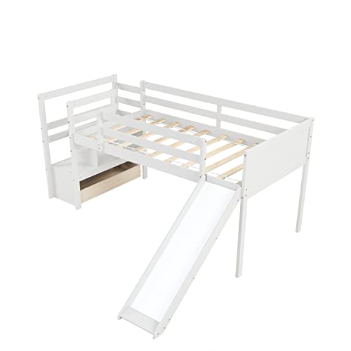 Homsof Twin Low Loft Bed With Stairs And Slide,White #TOP6