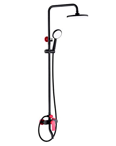 PHASAT Shower Fixtures Brass Bathroom Faucet Set with ABS Rainfall Showerhead,ABS Handheld Shower Wall Mount Adjustable Shower Bar 3 Function Matte Black Red,PTSR02U