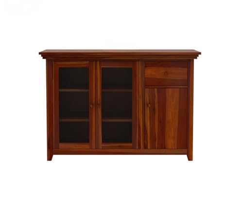 Image of Solid Sheesham Wood Sideboard Cabinet for Living Room | Crockery Cabinet with 2 Acrylic Glass Door | Kitchen Display Unit | 2 Acrylic Glass Doors, 1 Door Cabinet & 1 Drawer | Honey