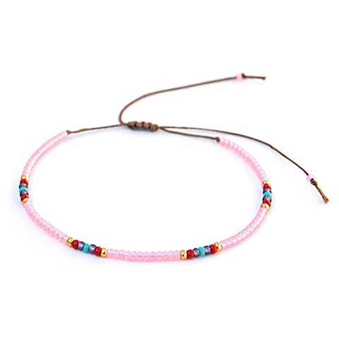 Beaded Anklet for Women, Boho Bohemian Native American Style, Unique Waterproof Pink Colorful Hippie Beach Anklet, Handmade by Tribes (S-M) Cover