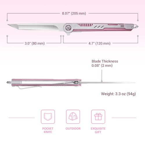 FUNBRO Pink Pocket Knife for Women - Slim EDC Knife with 7CR13Mov Steel Tanto Blade, Clip and Glass Breaker - Womens Knife for Self Defense - Cute Girl Survival Tool Pocket & Folding Knives