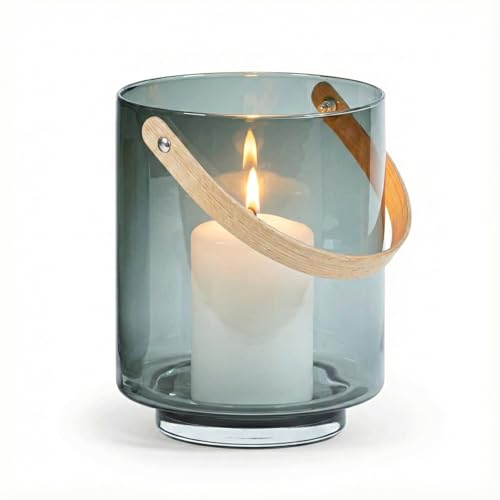 Windlicht Hamptons, Ø 22,5cm Höhe: 28cm, Rauchglas, mundgeblasen, Henkel aus Eiche Natur