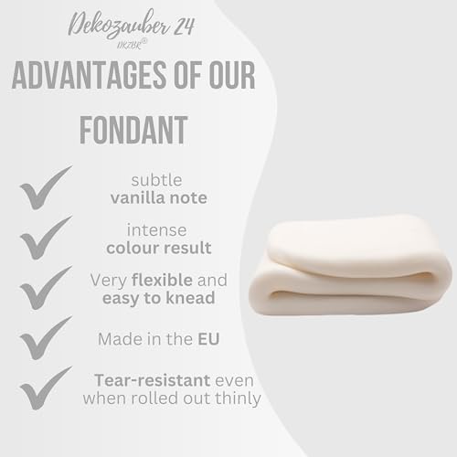 Dekozauber24 Fondant white, 8.8oz, for cakes and figurines, gluten free, vanilla taste, white fondant icing ready to roll for edible cake decoration