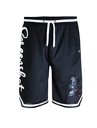 SCREENSHOT-SS1113 Mens Premium Hip-Hop Urban Sreetwear Fashion Basketball Mesh Shorts - Half Color Block Black Bear Sports Team Color 11" Inseam Jersey Shorts-Black/Black-Medium